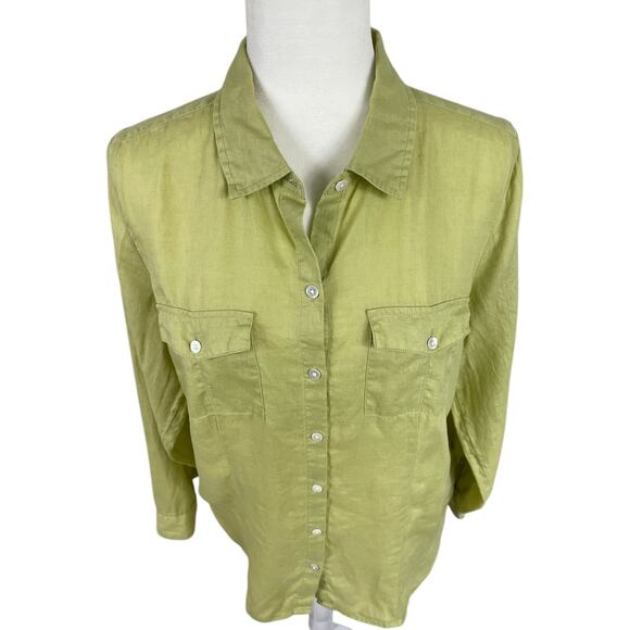 J. Jill Love Linen Button Front Shirt Long Sleeves Pockets Chartreuse Sz Medium - Picture 3 of 12